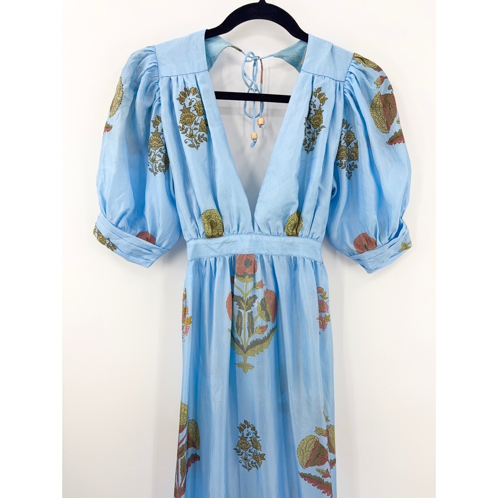 B43 Hannah Artwear Surya Floral Silk Maxi Dress Womens 1 US 6 Blue Puff Sleeve - Picture 6 of 15